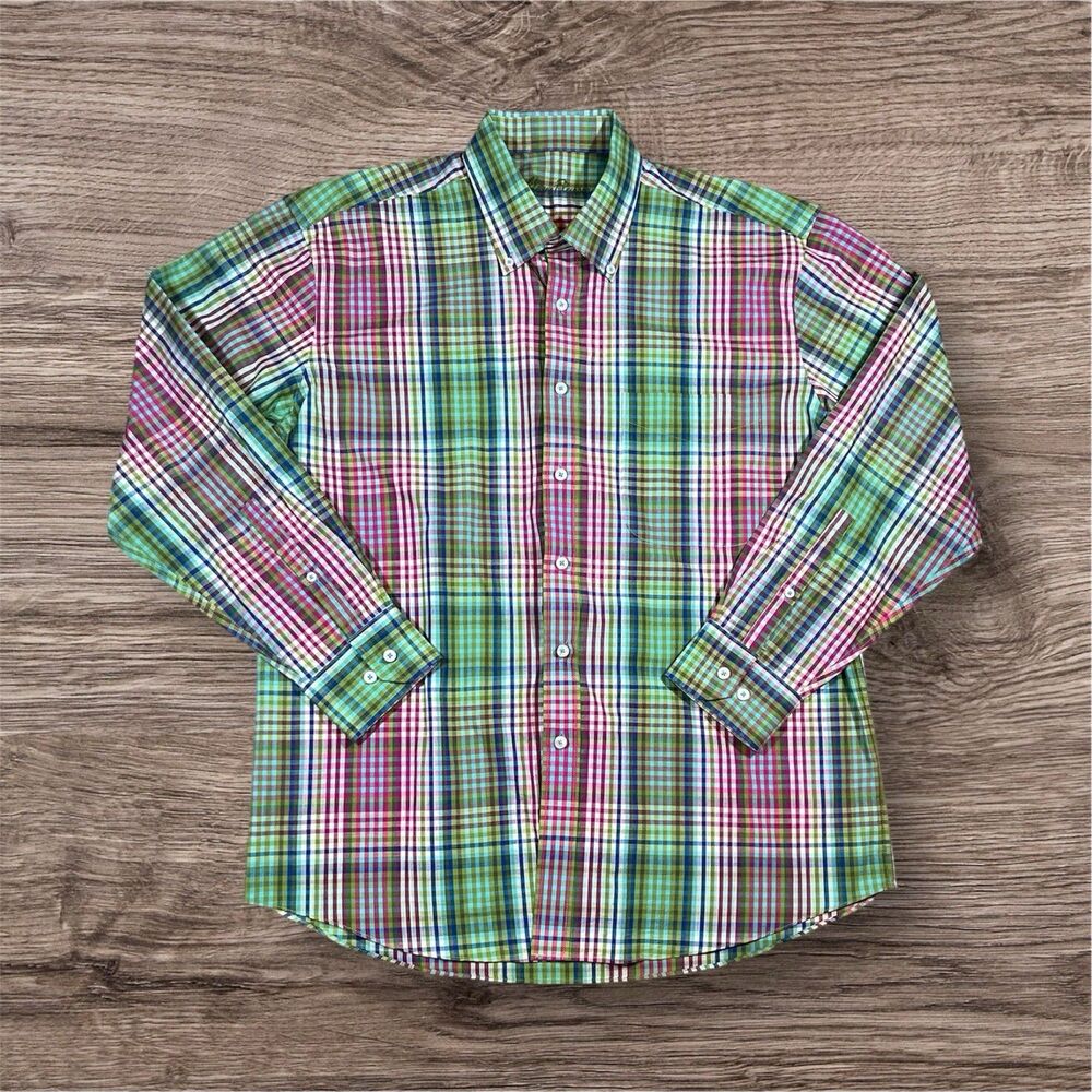 Alan Flusser Colorful Checked Plaid Button Down Long Sleeve Shirt Mens Size L